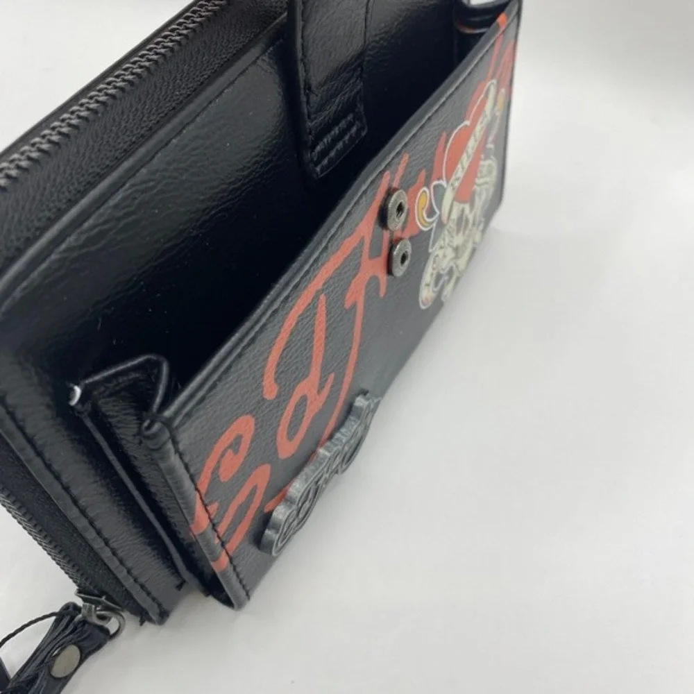 Ed‎ Hardy Goth Dark Romance Heart Zip Around Wristlet Wallet Black Vegan Leather